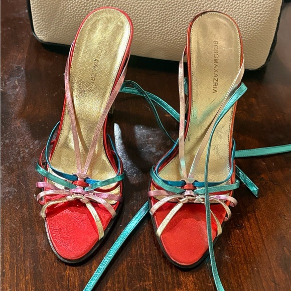 BCBGMaxAzria Red and Teal Strappy Heels - Picture 1 of 5